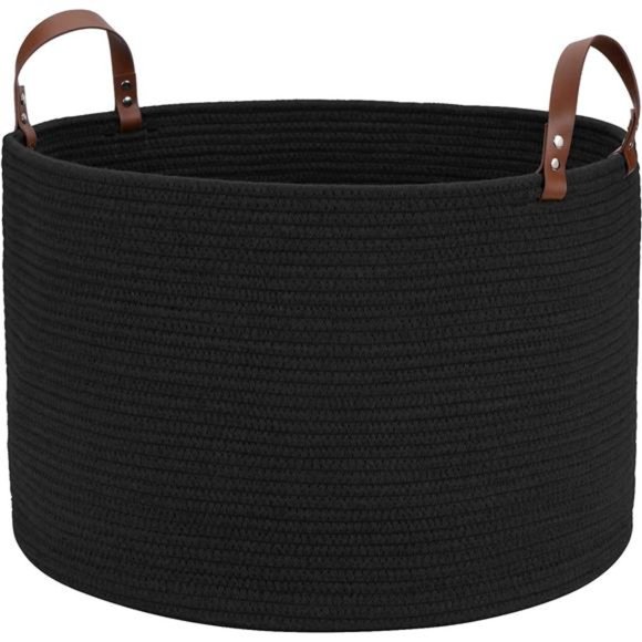 Black Large Basket Bins for Blanket Storage,Organizing - Cotton Rope Woven